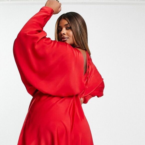 Asos Design Curve Batwing Satin Mini Dress Bias Cut Skirt Tie Back Red SZ 18 - Picture 4 of 6